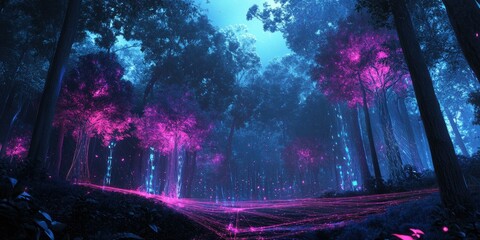 Neon-lit forest with glowing trees and ground.