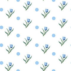 seamless floral pattern with blue tulips and dots