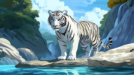 A majestic white tiger stands by a serene water body amidst a vibrant natural landscape.