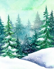 Obraz premium Watercolor landscape of foggy forest hill. Evergreen coniferous trees. Wild nature, frozen, misty, taiga. Horizontal watercolor background.