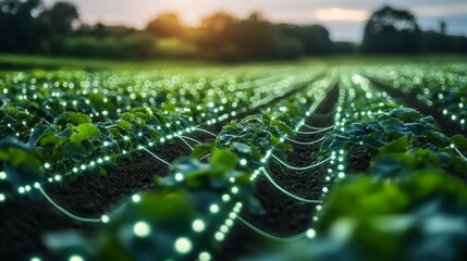 Green Plants with Lights in a Field at Sunset