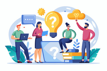 Question and answer, FAQ frequently asked questions, asking and reply to solve problem, help information, solution or q and a session concept, business people with question mark and lightbulb bubble
