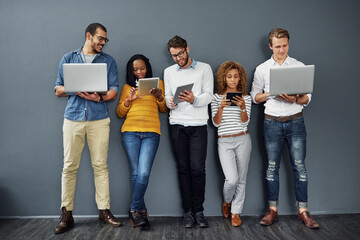 Recruitment, laptop and row with people for hiring, wait and paperless interview on tablet. Vacancy, job and employment candidate with document, work opportunity and queue for human resources