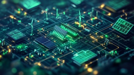 Obraz premium Green Energy Circuit Board with Solar Panels and Wind Turbines