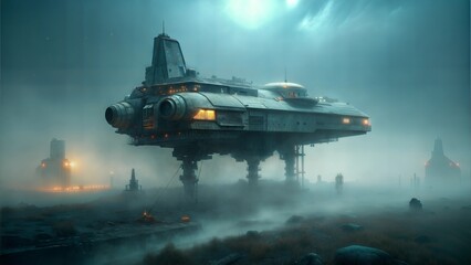 a spaceship with foggy conditions illustration background