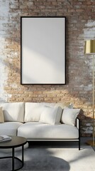 Cozy and inviting farmhouse inspired living room design featuring a simple black metal mockup frame an exposed brick accent wall a mid century modern sectional a vintage brass floor lamp