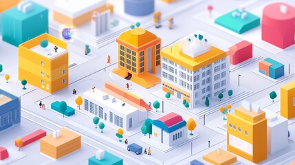 Colorful  D Isometric City Model with Buildings and People