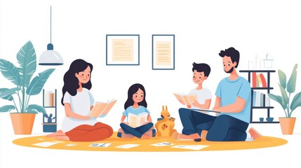 Happy Family Reading Together at Home