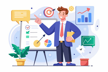 Business strategy planning, marketing tactic or winning strategy to achieve target, project blocker and solution to be success concept, smart businessman presenting business strategy on whiteboard
