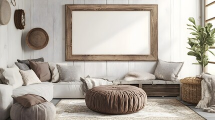 Cozy and inviting farmhouse inspired living room interior featuring a wooden frame mockup neutral color palette plush area rug and modern farmhouse decor elements creating a relaxing comfortable