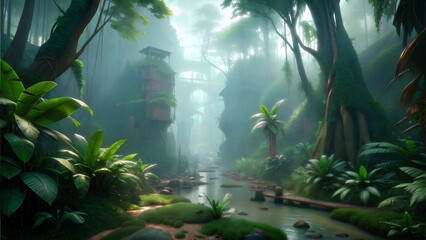 Fototapeta premium a jungle with foggy conditions illustration background