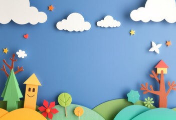 Paper art landscape with clouds, stars, and a smiling house.