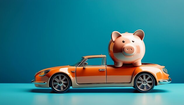 Miniature car with piggy bank on blue background, Automotive market concept, Generative AI - Powered by Adobe