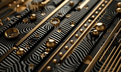 Fototapeta premium Black and gold metal 3D modern luxury futuristic background. Abstract close-up of luxurious black and gold textured elements, perfect for high-end fashion and design