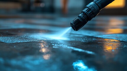 A high-pressure washer nozzle spraying water with intense pressure, cleaning a dirty floor, creating a satisfying contrast between clean and dirty areas