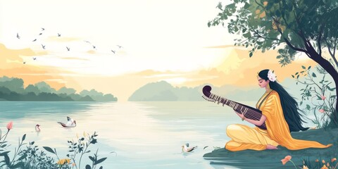 Tranquil Riverside with Saraswati Playing Veena