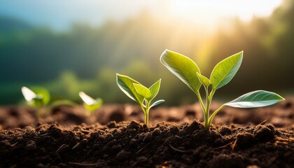 Fototapeta premium Plant seedlings on the ground seen close up and blurred background, Generative AI