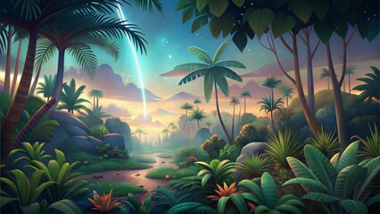 a jungle with meteor shower conditions illustration background