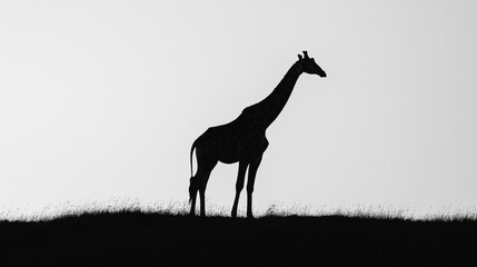 A silhouette of a giraffe standing on a grassy hill against a clear sky.