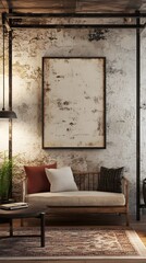 Cozy and Inviting Farmhouse Inspired Living Room with Distressed Wood Metal Accents Textured Plaster Walls and Mid Century Modern Furnishings in a Soft Atmospheric Lighting