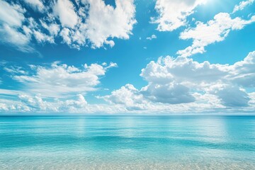 Fototapeta premium Panorama of clear sky background for summer vacation concept at ocean and summer sea water with sunlight of beautiful cloudy sky , ai