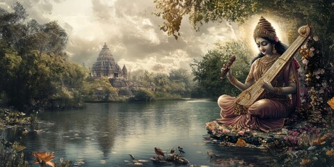 Tranquil Riverside with Saraswati Playing Veena