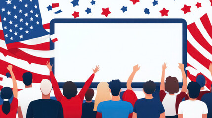 animated election night watch party with diverse audience and blank screen