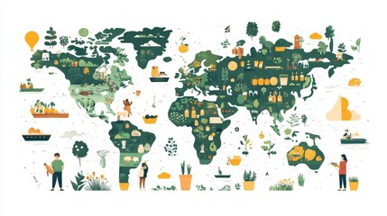 Obraz premium World Map Illustration with Green Nature Elements and People