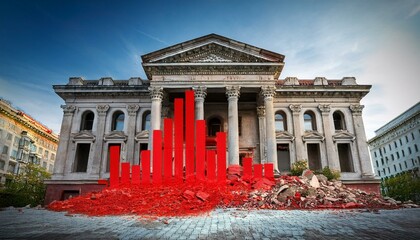 Obraz premium Ruined classic style bank building with red financial charts, Generative AI