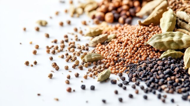 A variety of spices and seeds arranged on a white surface.