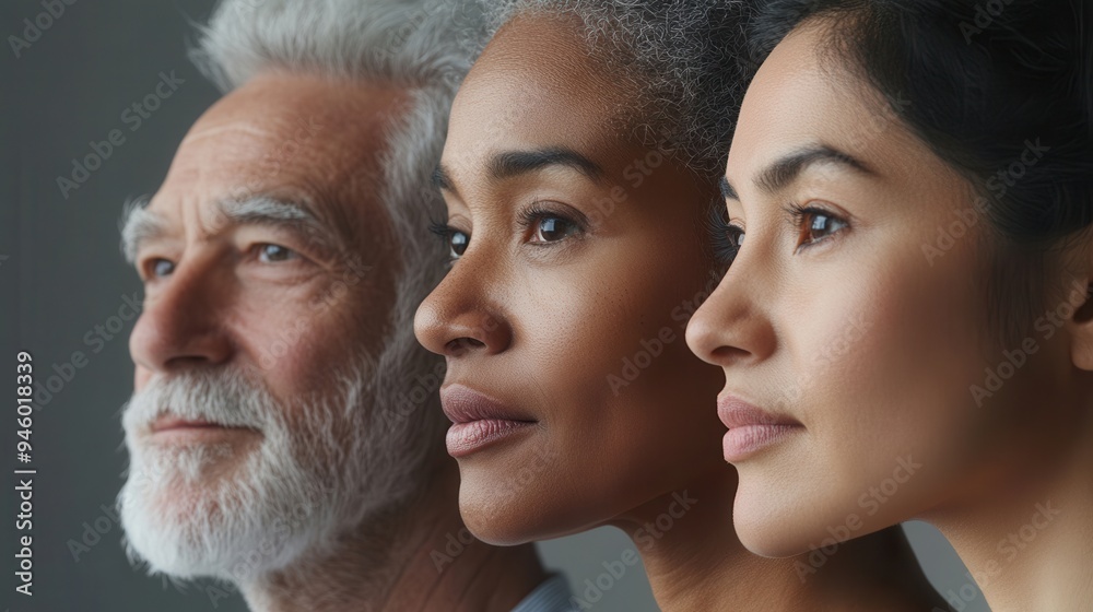 Poster Three people of different ages and backgrounds pose side by side, highlighting their unique features and strength with proud expressions against a soft backdrop. Generative AI