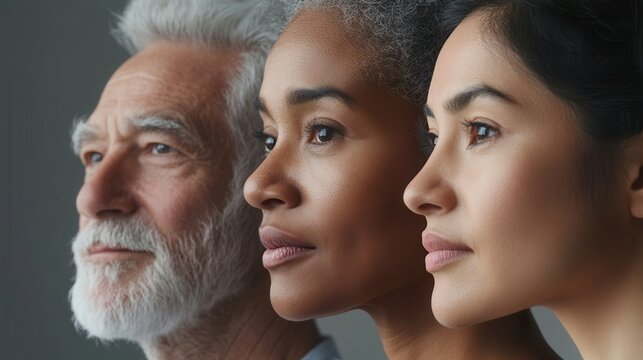 Three people of different ages and backgrounds pose side by side, highlighting their unique features and strength with proud expressions against a soft backdrop. Generative AI