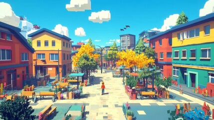 Colorful Low Poly Cityscape with Trees  Benches  and a Boy