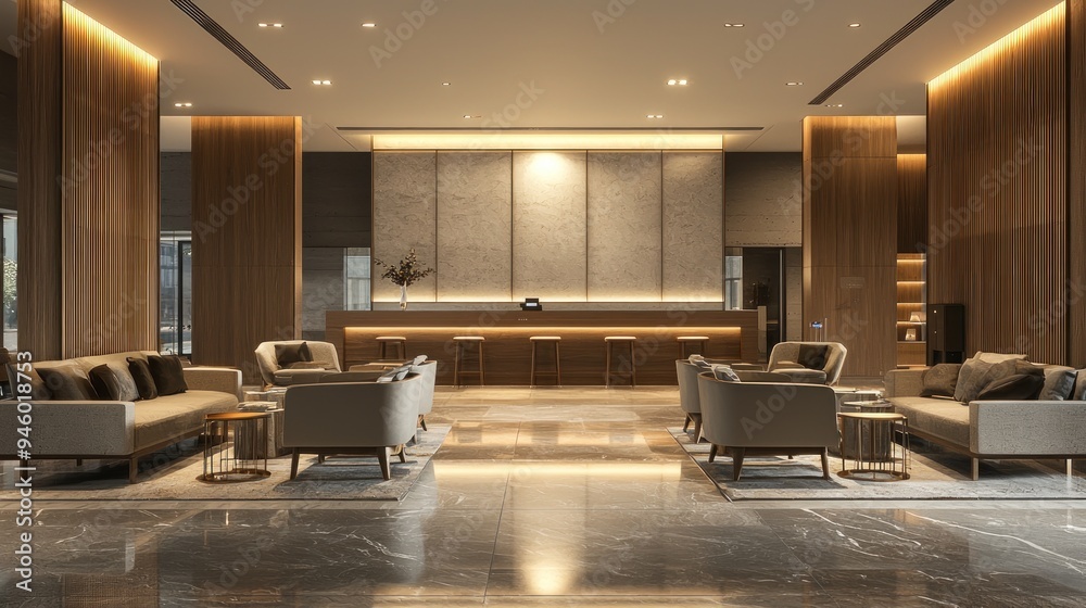 Sticker Modern Hotel Lobby with Marble Floor and Wooden Accents