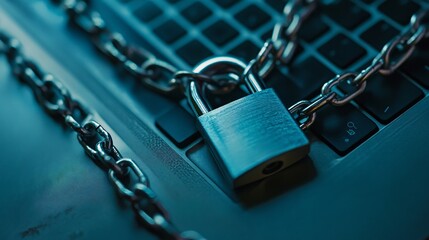 Cyber Security Concept with Padlock and Chain on Laptop Top View