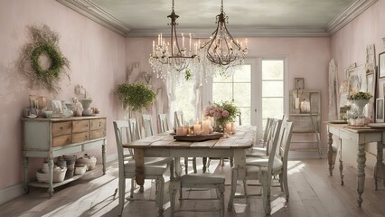 Interior design of a room in Shabby Chic style, cozy, light-filled space with a mix of vintage and rustic décor