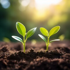 Two plant seedlings in the ground and blurred background, Generative AI
