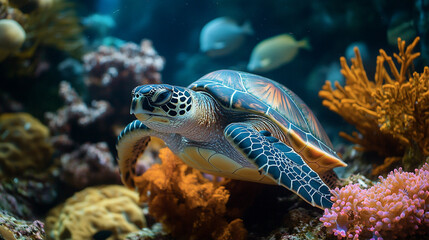 A green sea turtle swimming gracefully through a vibrant coral reef filled with colorful fish and marine life in calm ocean waters