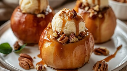 Exquisite Baked Apples with Nuts Ice Cream Caramel