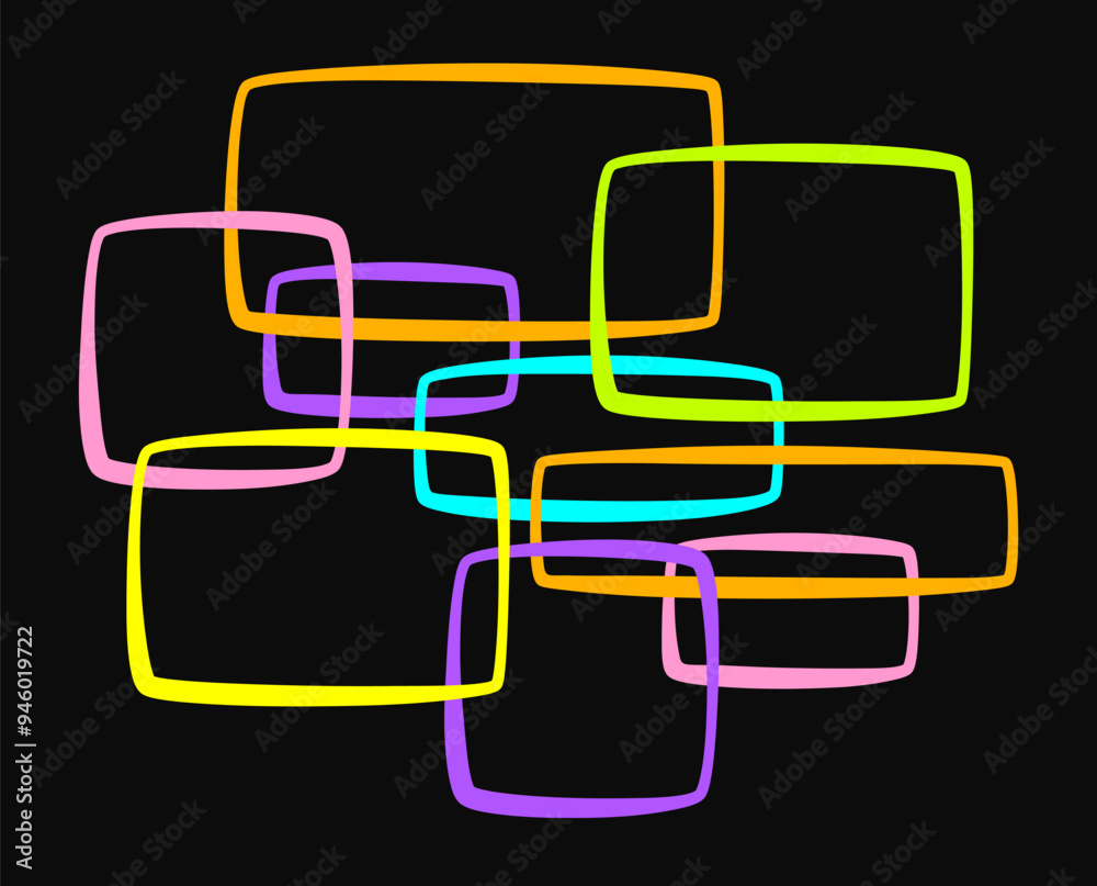 Poster poster with hand drawn doodle blank text frames. colored neon textbox. empty speech bubbles on black