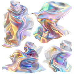 Obraz premium Set of 3D Iridescent Holographic Fluid Shapes Pastel Green Isolated on Transparent or White Background, PNG