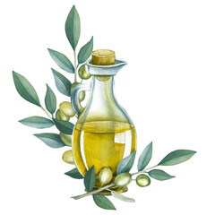 Olive oil in a glass jug with an illustration of olive branches. Olive fruits. Bottle of oil, olives, isolated on a white background. Watercolor illustration of twigs and butter on a white background