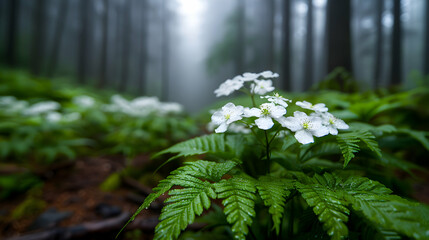 Foggy Day The Woods With White Flowers