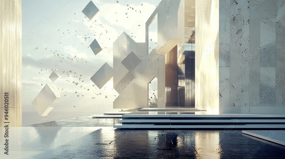 Poster a modern architectural structure with floating geometric shapes and a reflective pool