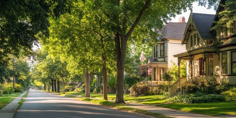 Fototapeta premium Treelined Street with Beautifully Restored Victorian Home