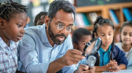 Fototapeta premium Teacher demonstrating how to use a magnifying glass to a group of students