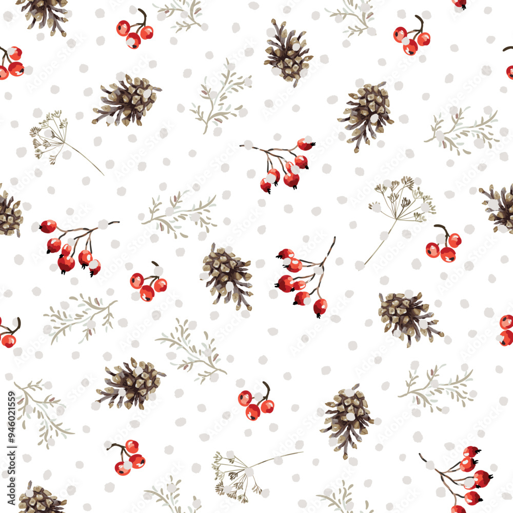 Wall mural christmas seamless pattern, pine cones, red berries, twigs, snow, white background. vector illustrat