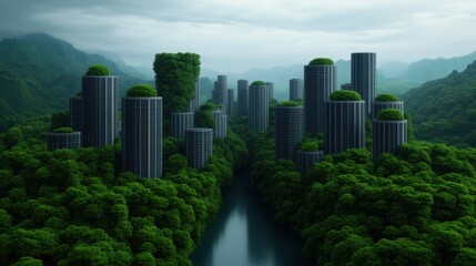 Fototapeta premium Futuristic city with skyscrapers surrounded by dense forest in a lush green valley..