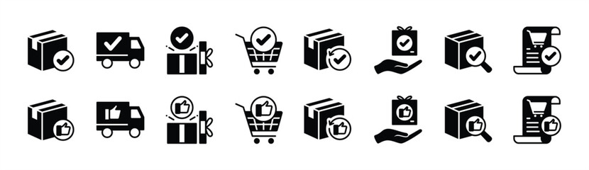 Confirmation, approval, accept, thumbs up, good, agreement and validation of delivery or shipping flat icon vector set. Containing package, cargo truck, parcel, gift, list and shopping cart