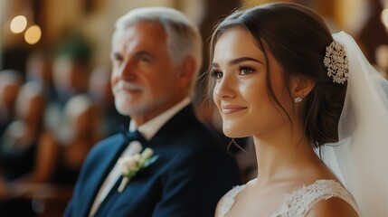 Father blesses his daughter before the wedding and lovingly escorts her to the altar. Dad and daughter at the wedding. A formal event.